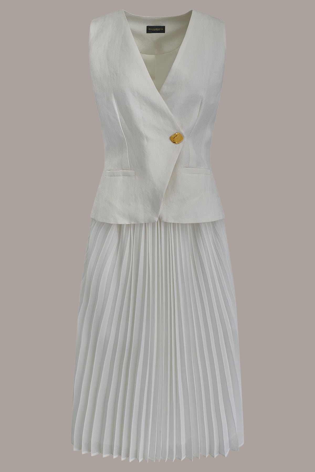 LINEN-BLEND MIXED MEDIA MIDI FIT AND FLARE DRESS - Cream