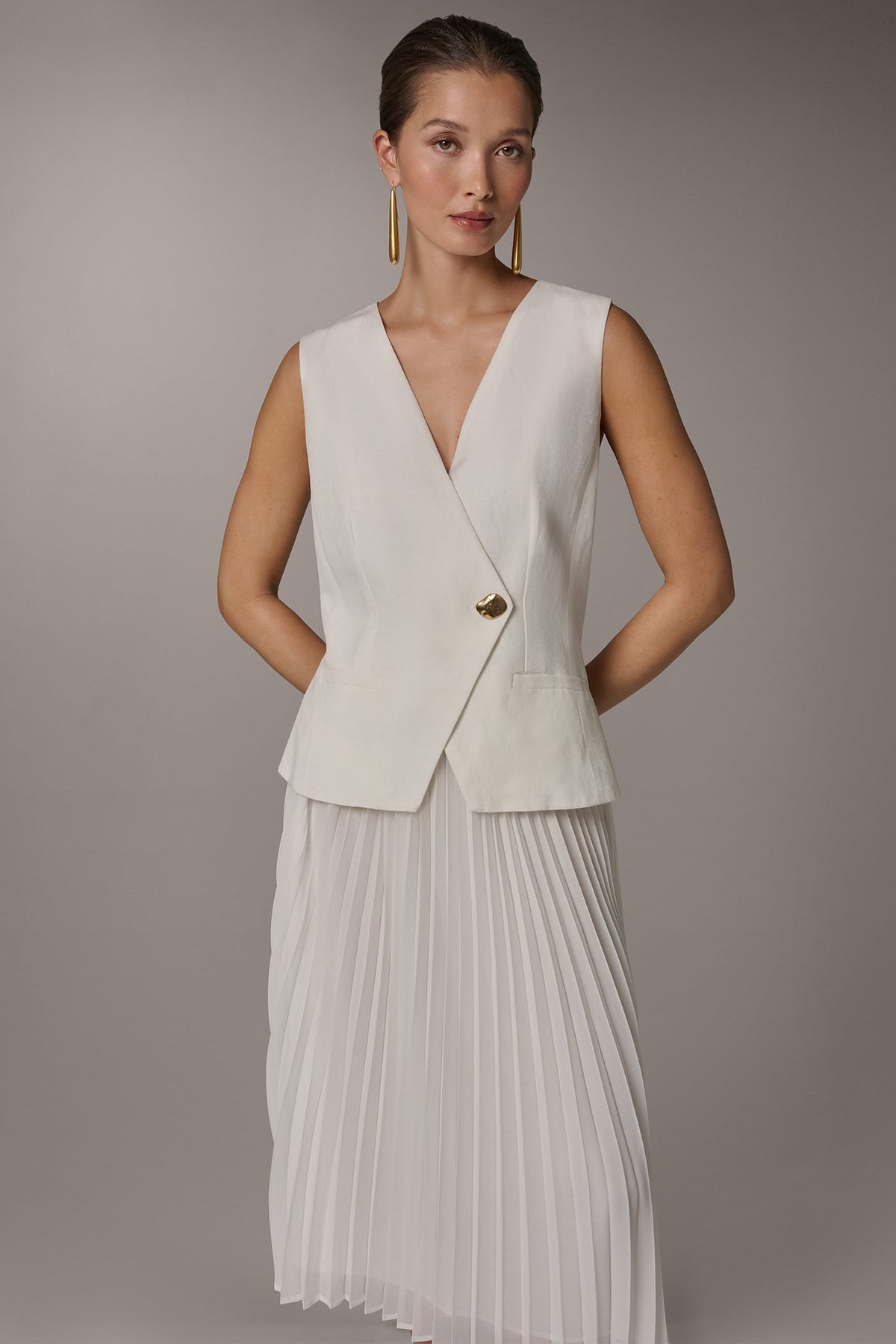 LINEN-BLEND MIXED MEDIA MIDI FIT AND FLARE DRESS - Cream