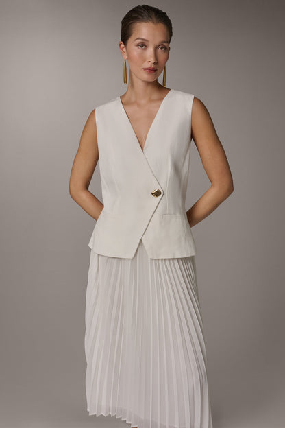 LINEN-BLEND MIXED MEDIA MIDI FIT AND FLARE DRESS - Cream