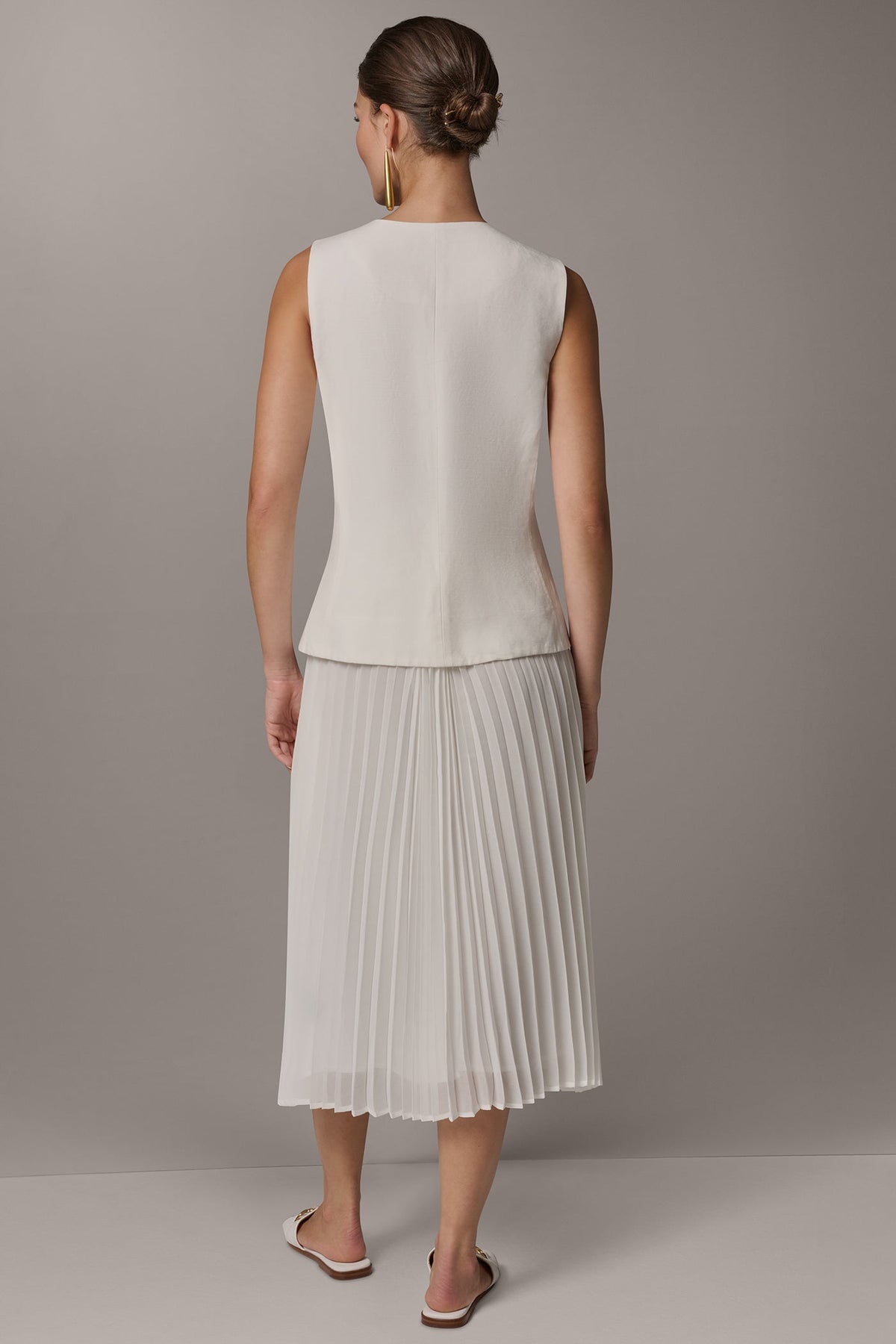LINEN-BLEND MIXED MEDIA MIDI FIT AND FLARE DRESS - Cream