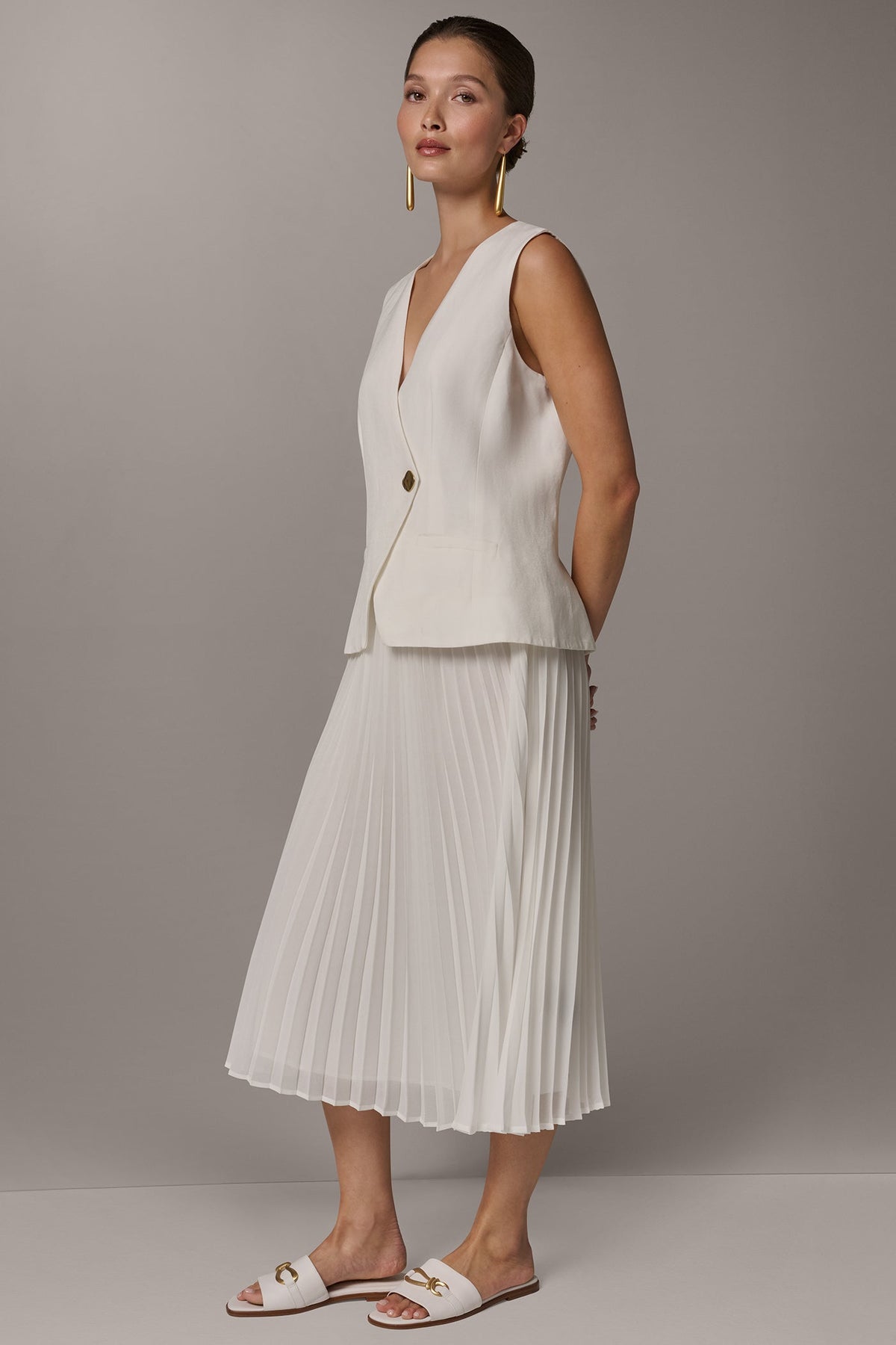 LINEN-BLEND MIXED MEDIA MIDI FIT AND FLARE DRESS - Cream