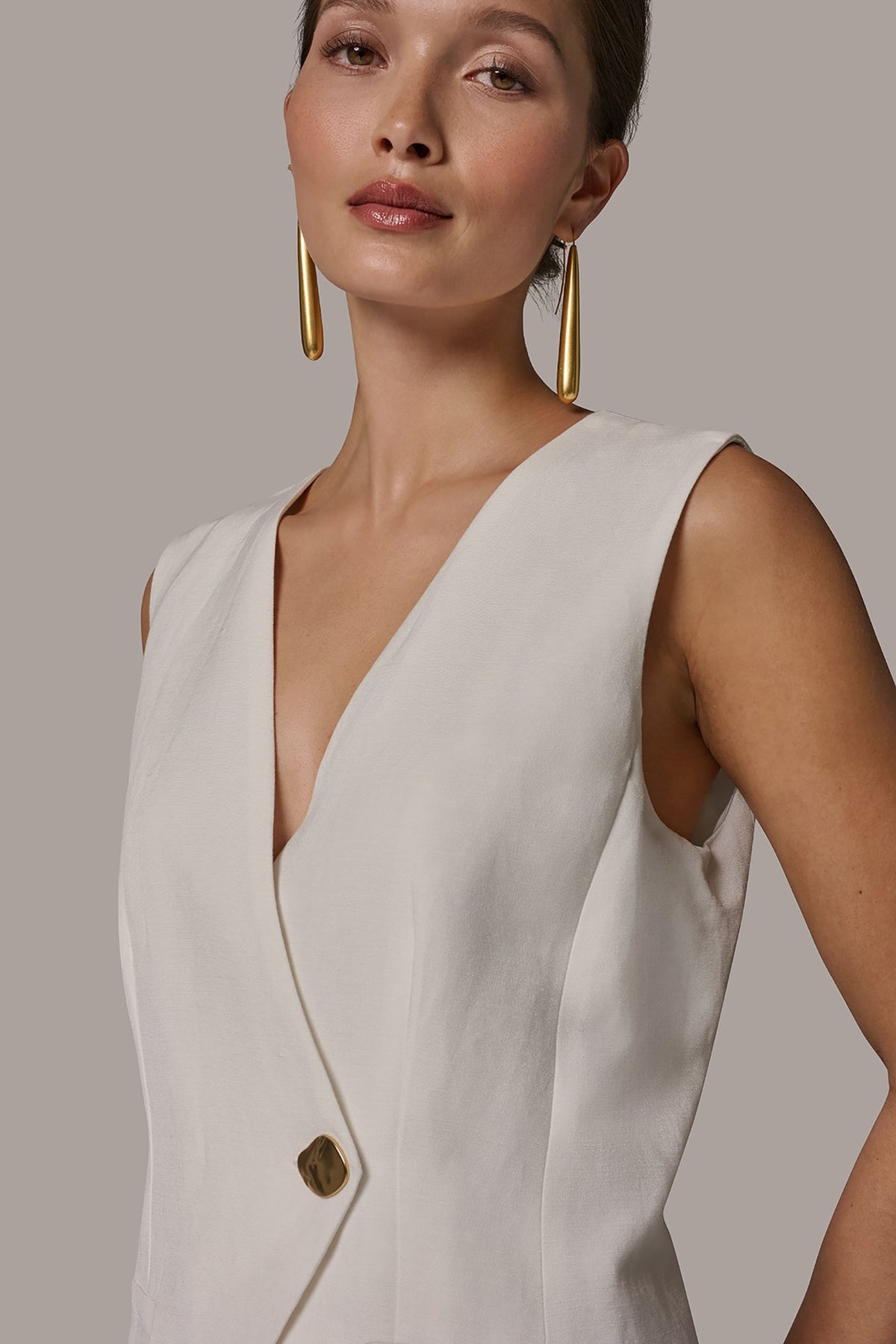 LINEN-BLEND MIXED MEDIA MIDI FIT AND FLARE DRESS - Cream
