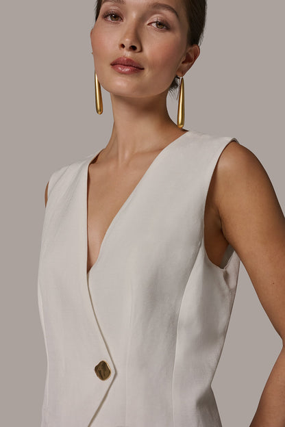 LINEN-BLEND MIXED MEDIA MIDI FIT AND FLARE DRESS - Cream