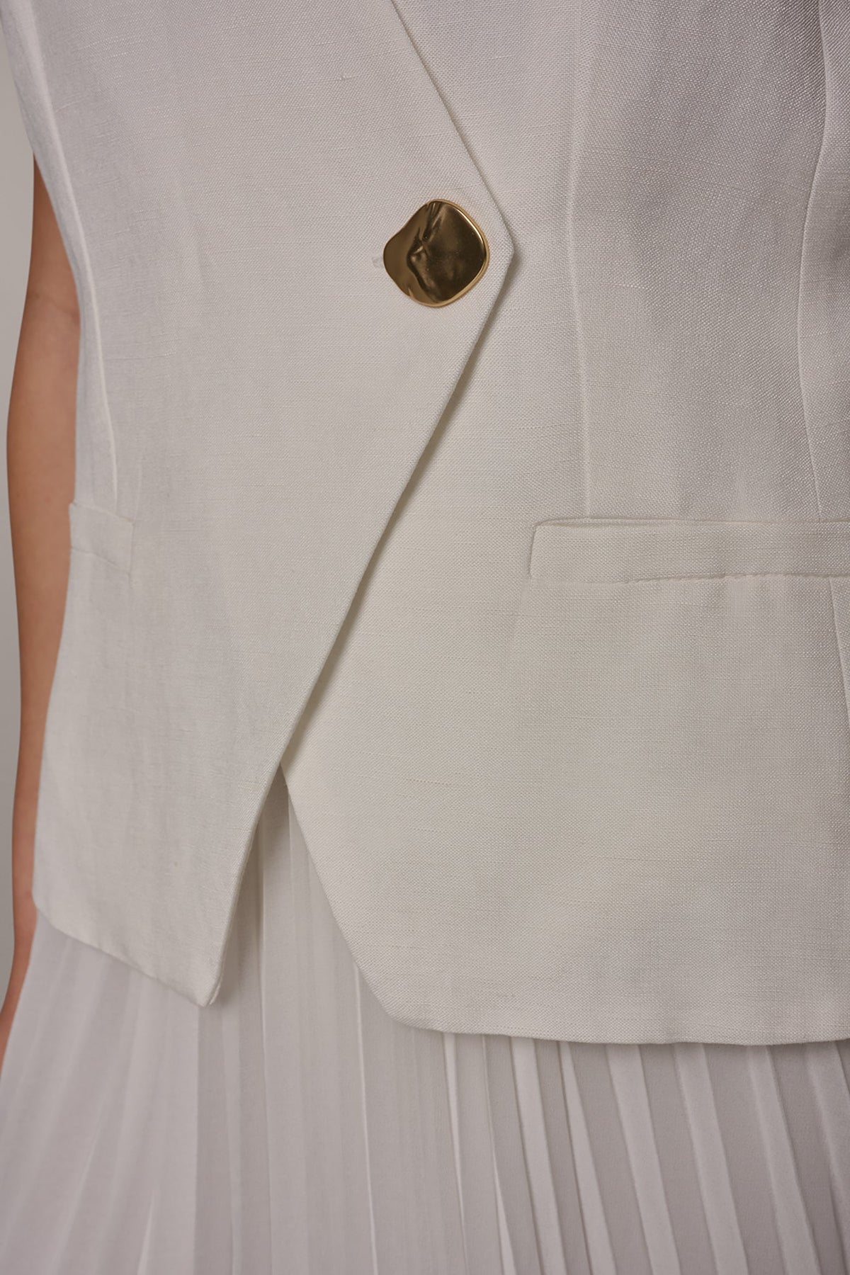 LINEN-BLEND MIXED MEDIA MIDI FIT AND FLARE DRESS - Cream