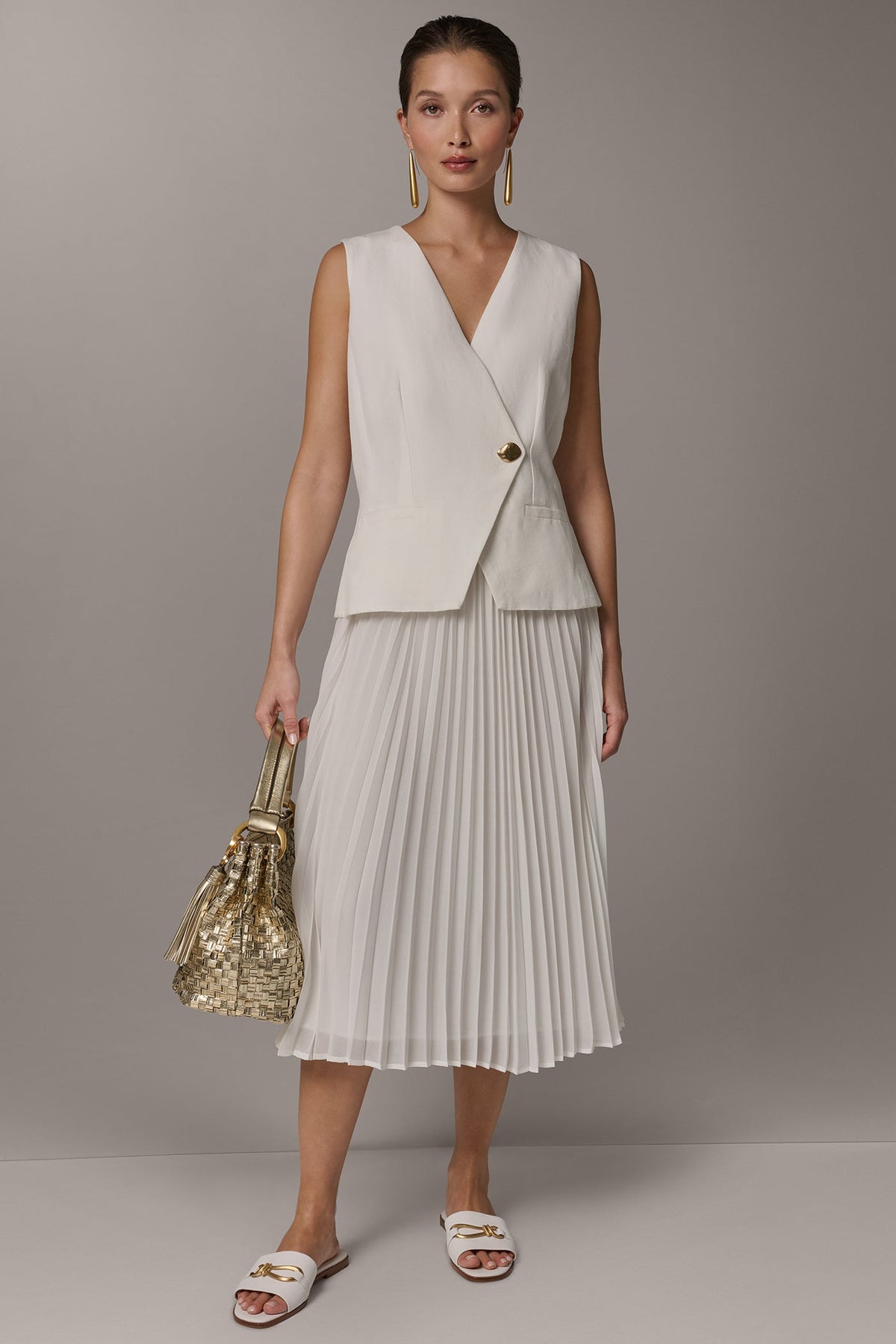 LINEN-BLEND MIXED MEDIA MIDI FIT AND FLARE DRESS - Cream
