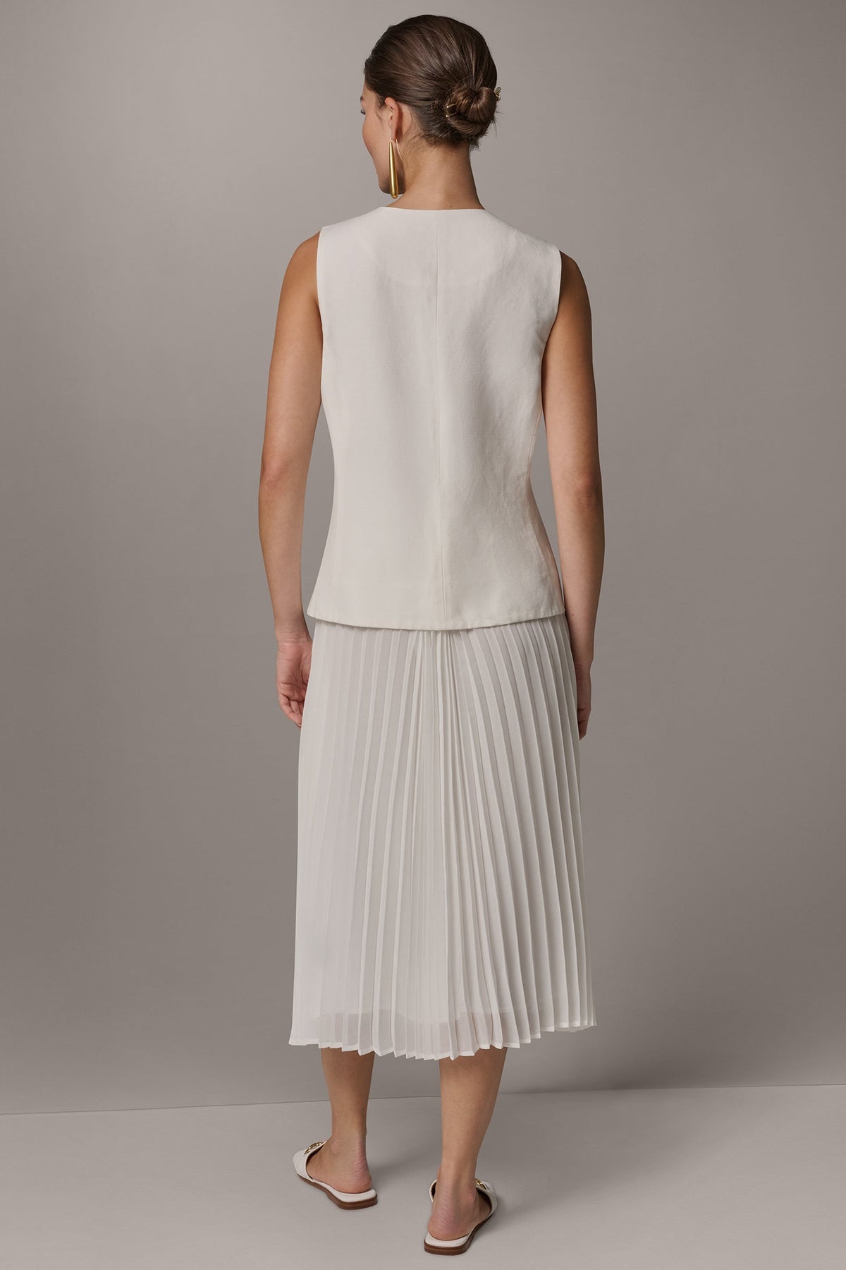LINEN-BLEND MIXED MEDIA MIDI FIT AND FLARE DRESS - Cream