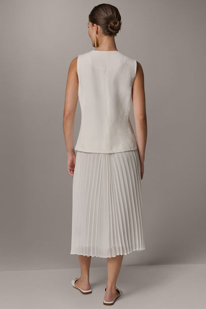 LINEN-BLEND MIXED MEDIA MIDI FIT AND FLARE DRESS - Cream