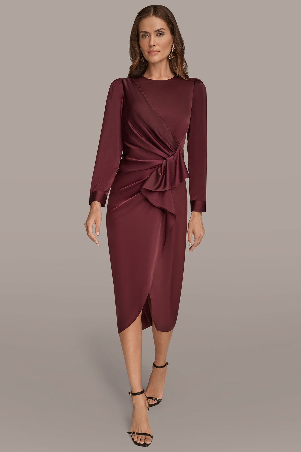 SATIN LONG SLEEVE RUFFLE MIDI DRESS - BERRY