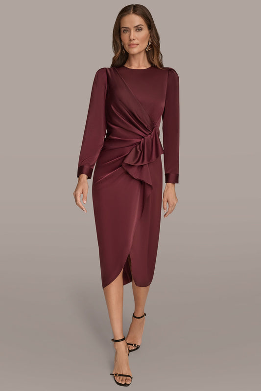 SATIN LONG SLEEVE RUFFLE MIDI DRESS - BERRY