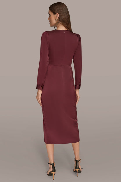 SATIN LONG SLEEVE RUFFLE MIDI DRESS - BERRY