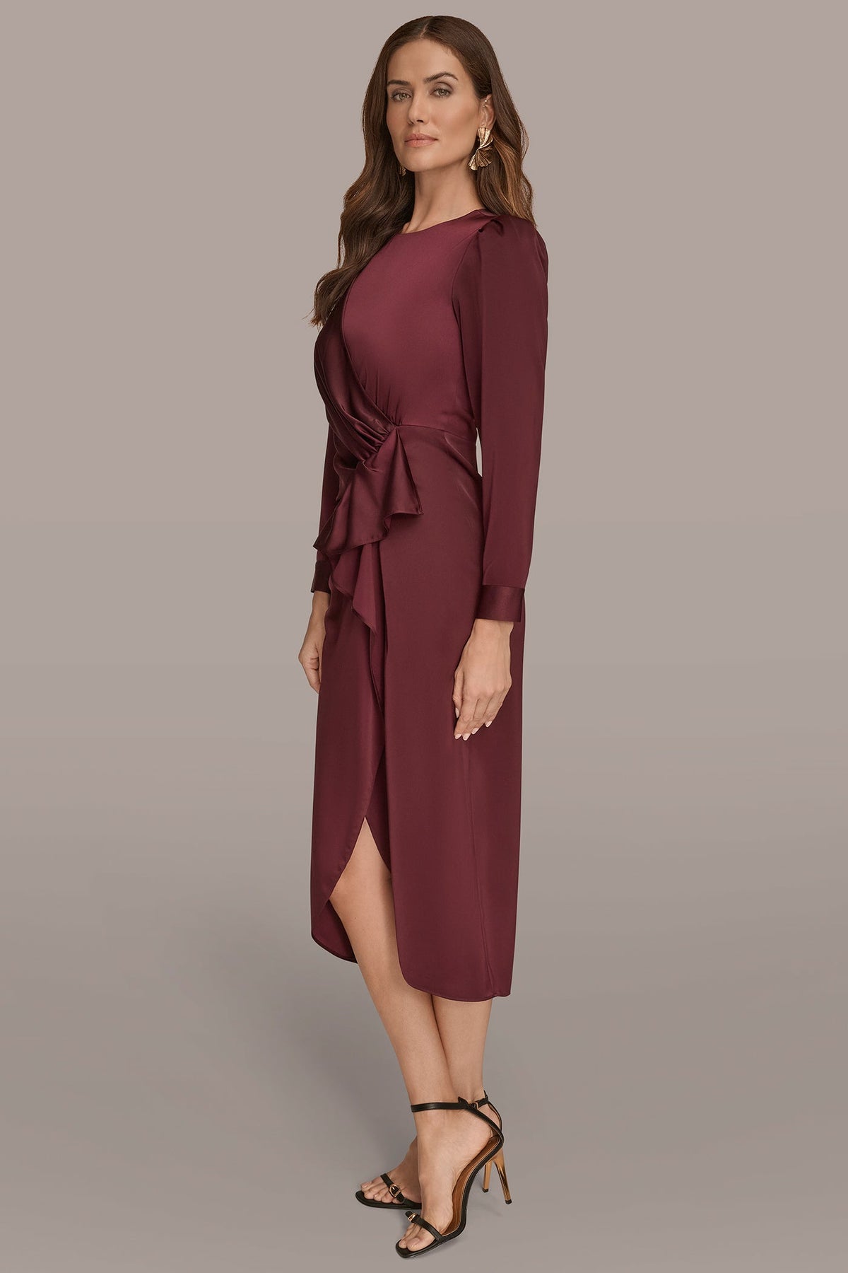 SATIN LONG SLEEVE RUFFLE MIDI DRESS - BERRY