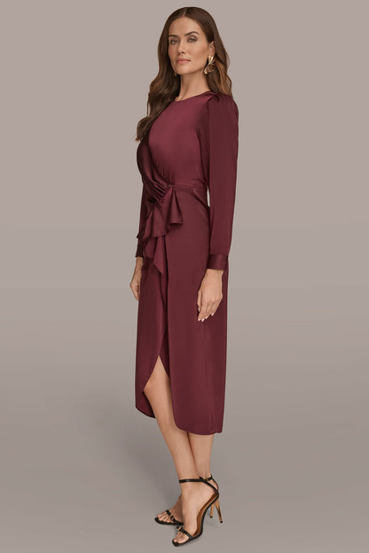 SATIN LONG SLEEVE RUFFLE MIDI DRESS - BERRY