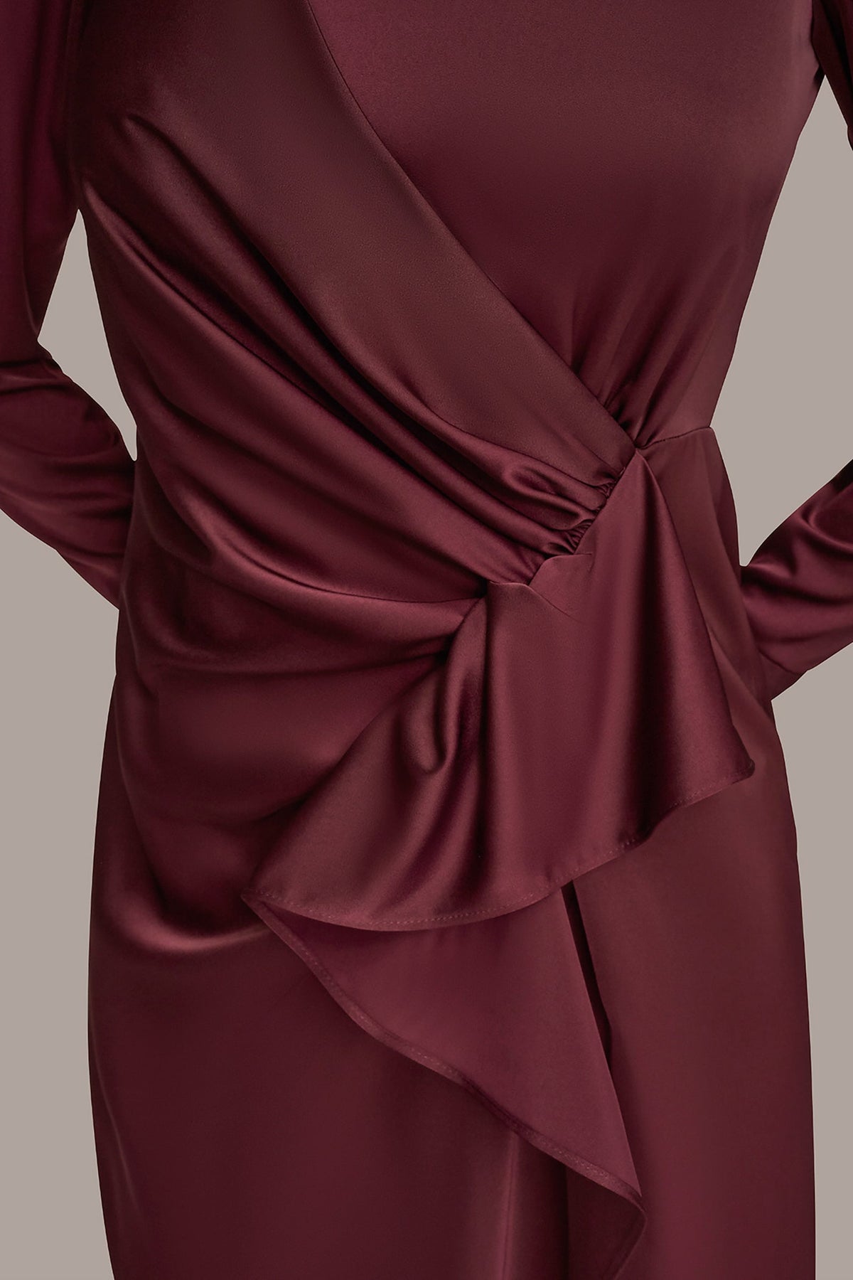 SATIN LONG SLEEVE RUFFLE MIDI DRESS - BERRY