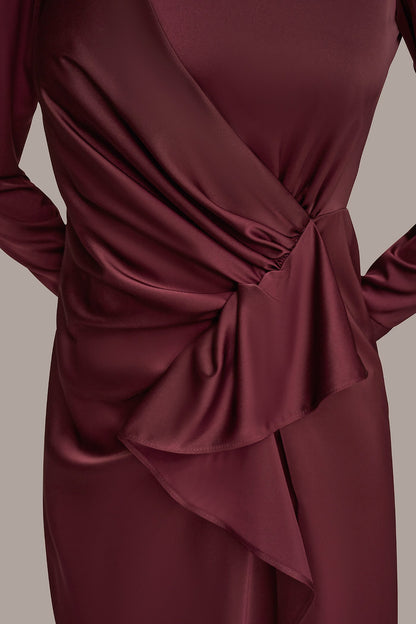 SATIN LONG SLEEVE RUFFLE MIDI DRESS - BERRY