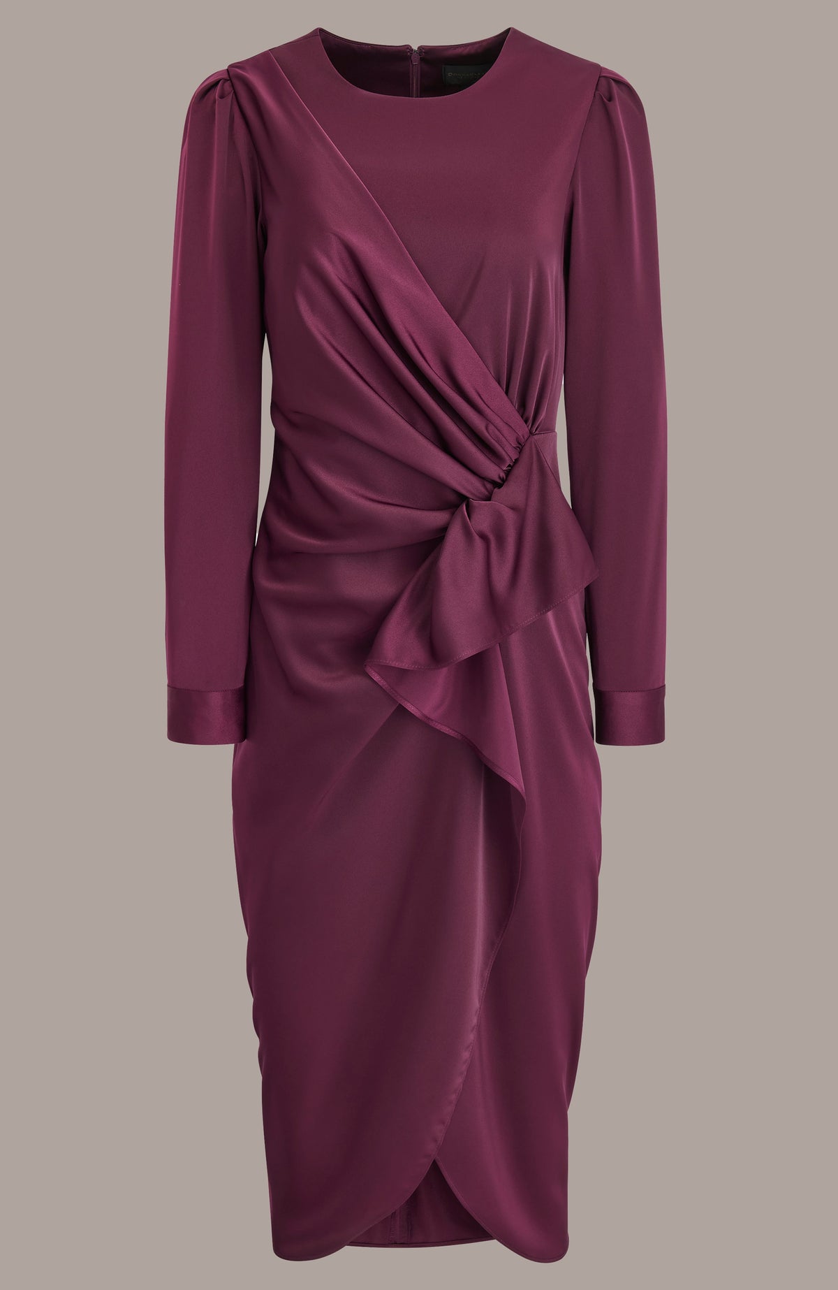 SATIN LONG SLEEVE RUFFLE MIDI DRESS - BERRY