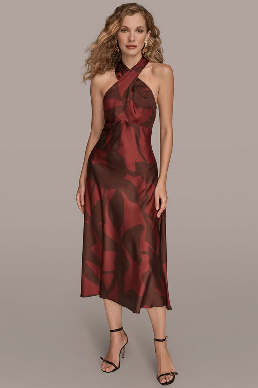 FLORAL CROSS-FRONT MIDI HALTER DRESS - Oxblood/Rhododendron