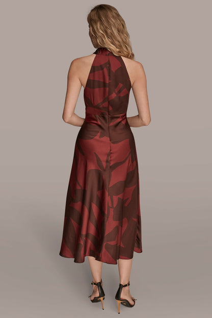 FLORAL CROSS-FRONT MIDI HALTER DRESS - Oxblood/Rhododendron