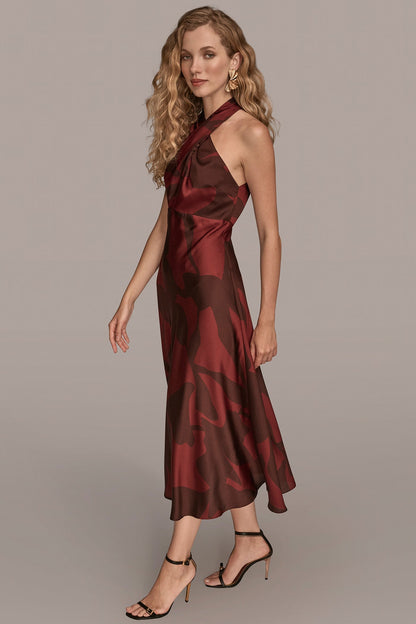 FLORAL CROSS-FRONT MIDI HALTER DRESS - Oxblood/Rhododendron