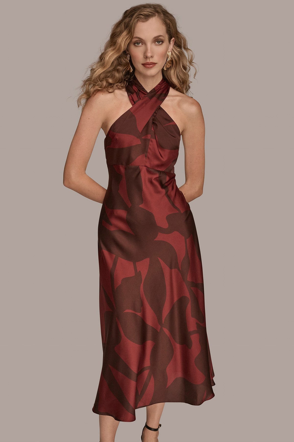 FLORAL CROSS-FRONT MIDI HALTER DRESS - Oxblood/Rhododendron