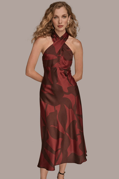 FLORAL CROSS-FRONT MIDI HALTER DRESS - Oxblood/Rhododendron