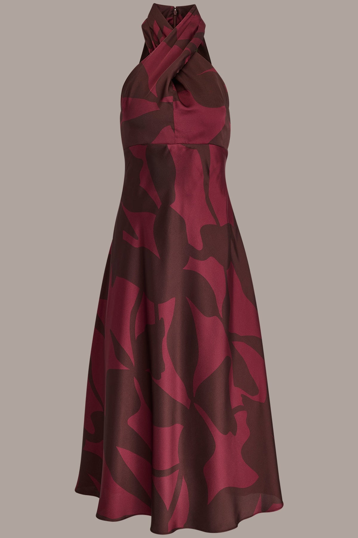 FLORAL CROSS-FRONT MIDI HALTER DRESS - Oxblood/Rhododendron