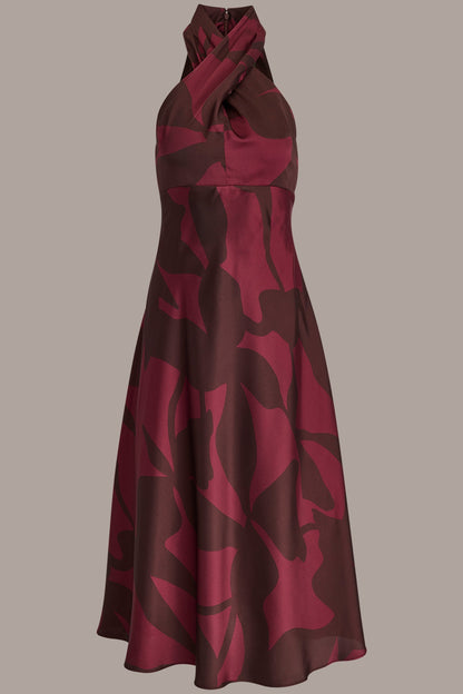 FLORAL CROSS-FRONT MIDI HALTER DRESS - Oxblood/Rhododendron