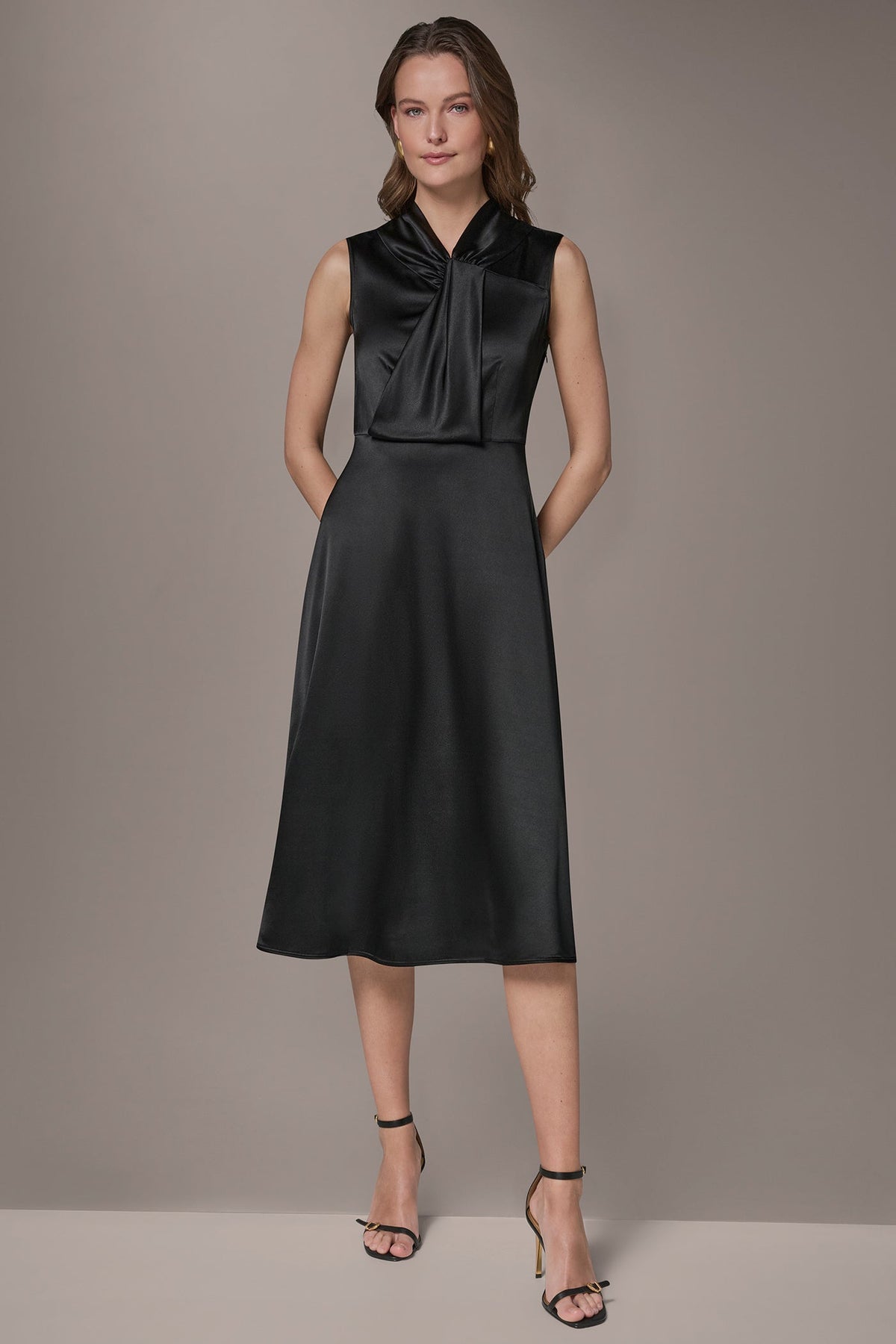 SILK-CHARMEUSE MIDI A-LINE DRESS - Black