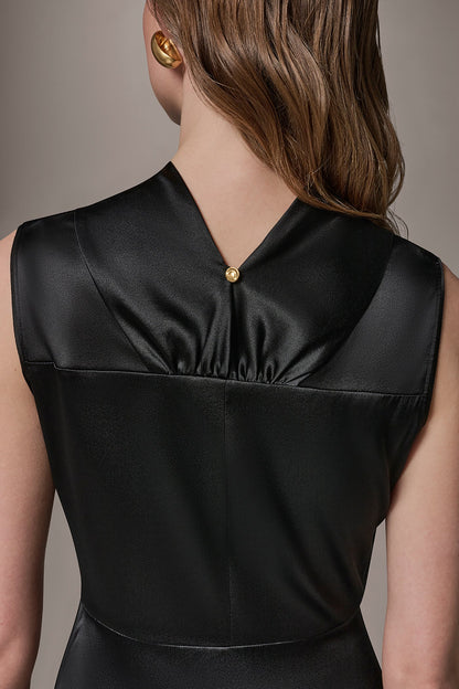 SILK-CHARMEUSE MIDI A-LINE DRESS - Black