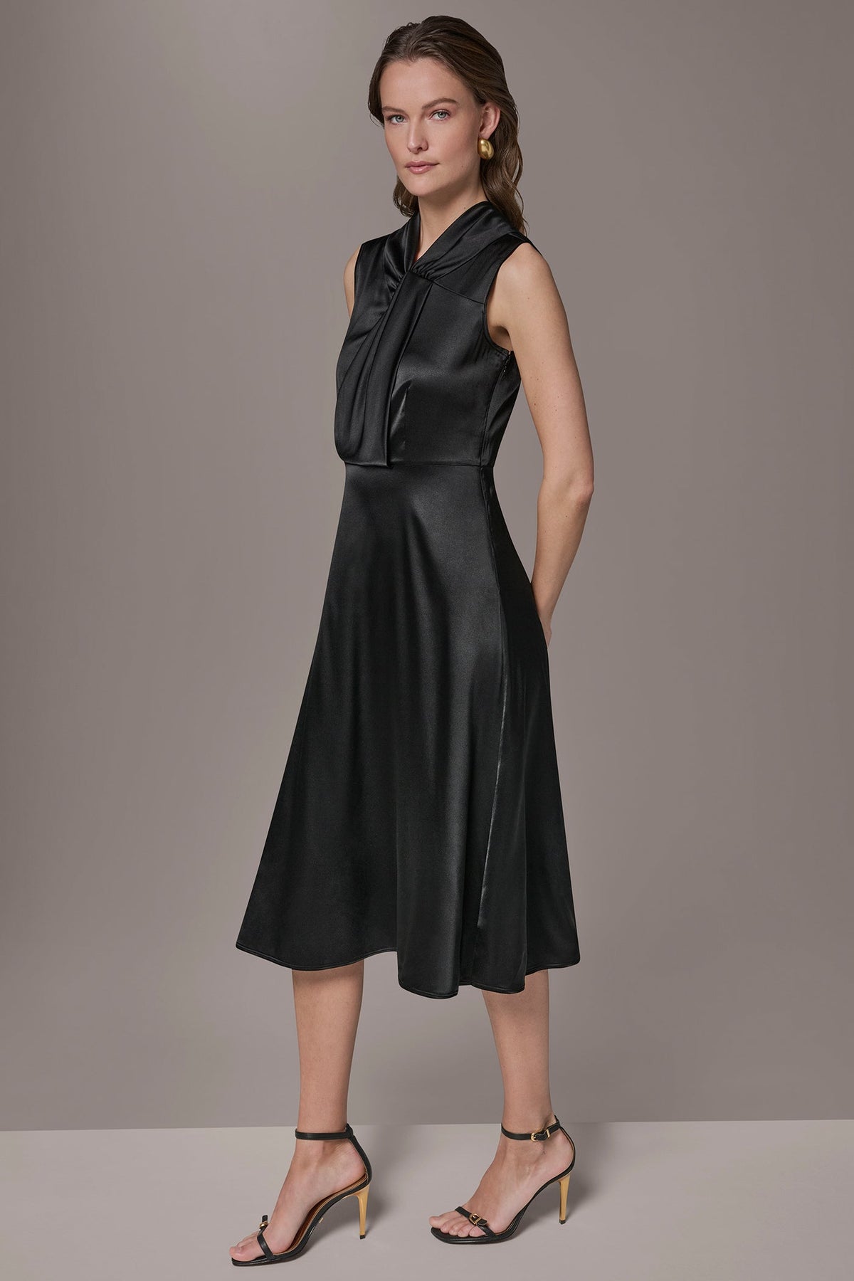 SILK-CHARMEUSE MIDI A-LINE DRESS - Black