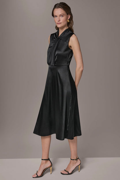 SILK-CHARMEUSE MIDI A-LINE DRESS - Black