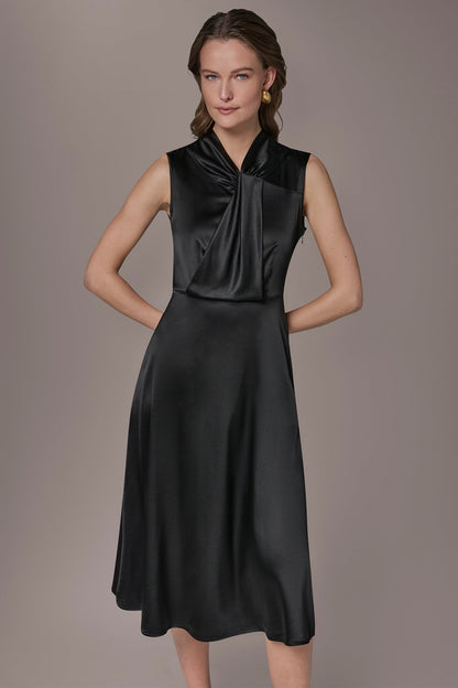 SILK-CHARMEUSE MIDI A-LINE DRESS - Black