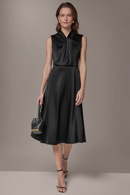 SILK-CHARMEUSE MIDI A-LINE DRESS - Black