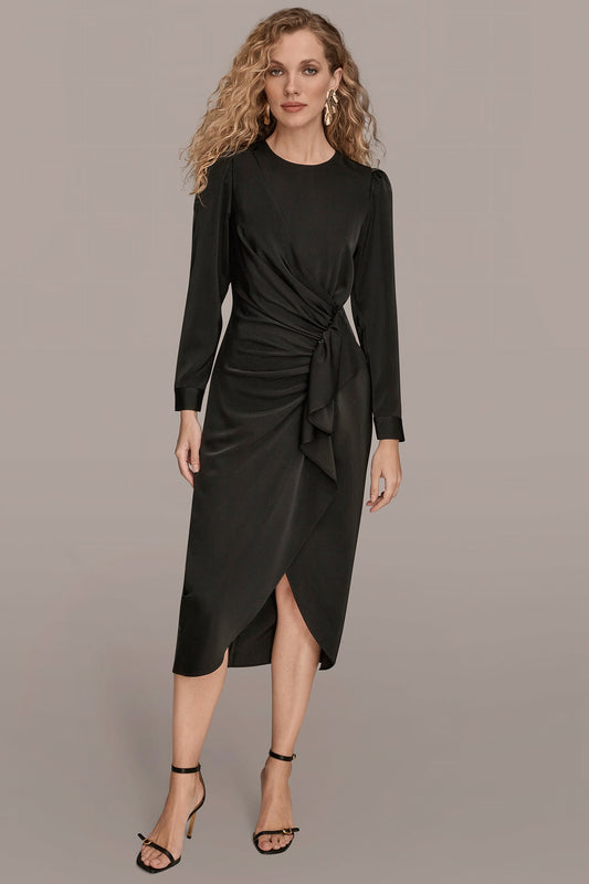 SATIN LONG SLEEVE RUFFLE MIDI DRESS - Black