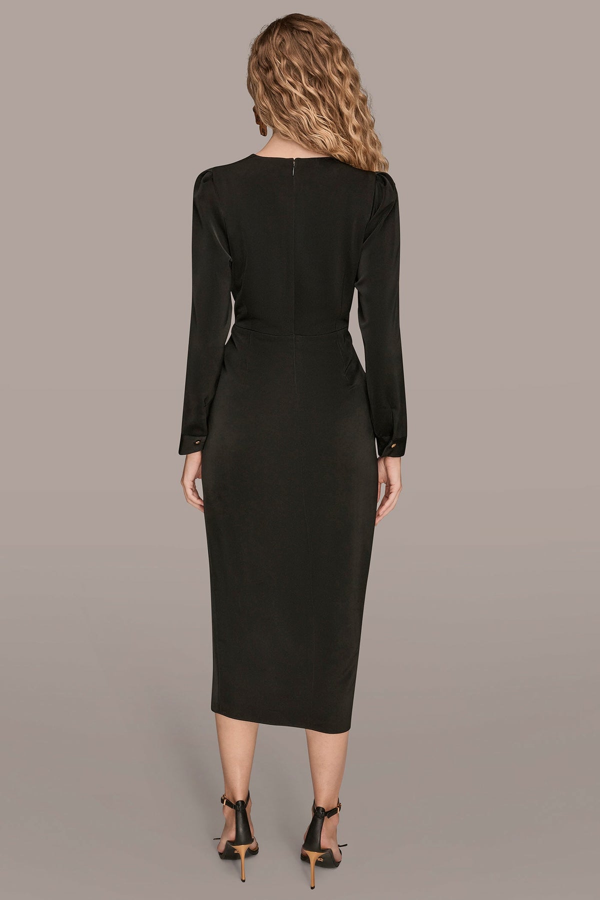 SATIN LONG SLEEVE RUFFLE MIDI DRESS - Black