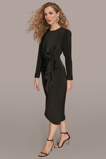 SATIN LONG SLEEVE RUFFLE MIDI DRESS - Black