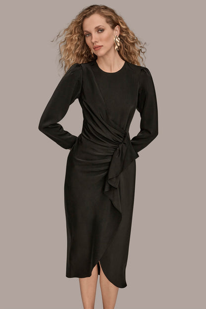 SATIN LONG SLEEVE RUFFLE MIDI DRESS - Black