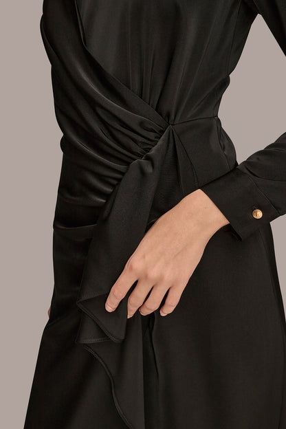 SATIN LONG SLEEVE RUFFLE MIDI DRESS - Black