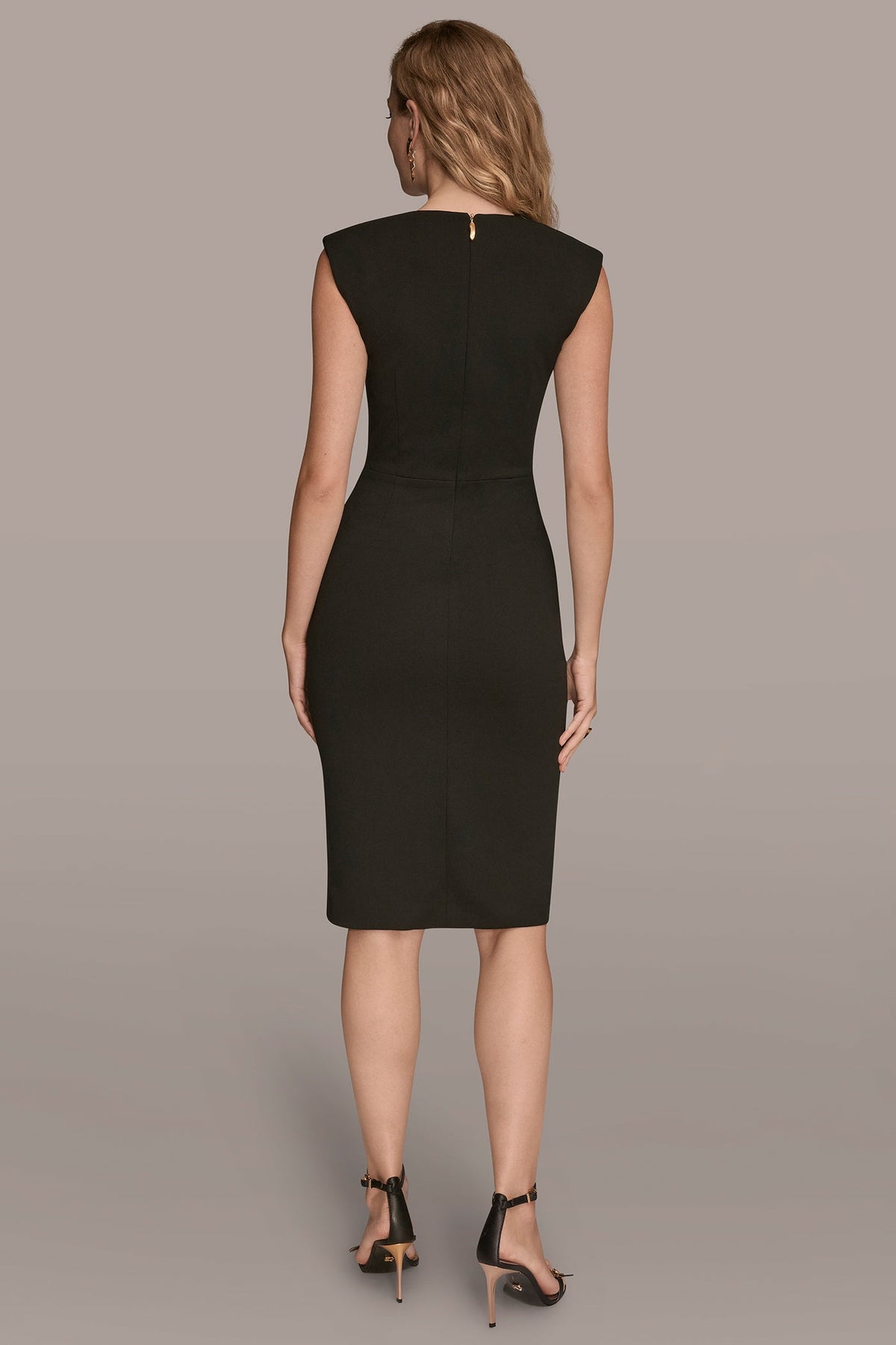 SLEEVELESS SPLIT-FRONT MIDI SHEATH DRESS - Black