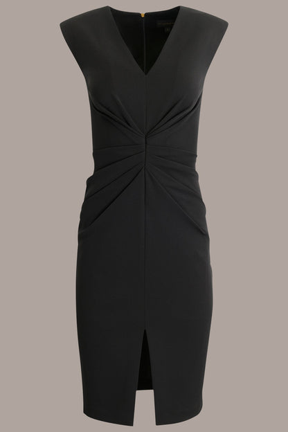 SLEEVELESS SPLIT-FRONT MIDI SHEATH DRESS - Black