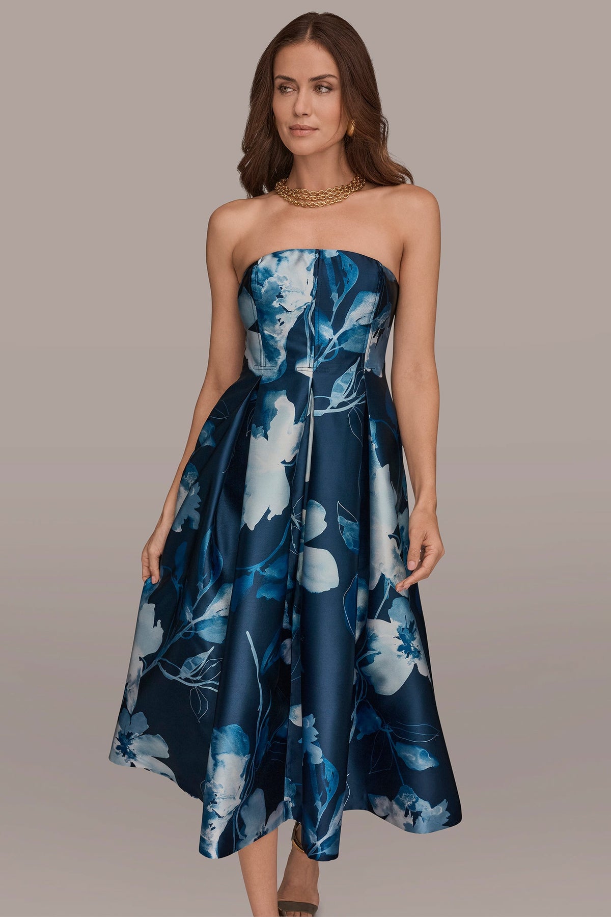 MIKADO STRAPLESS FLORAL MIDI GOWN - Nightfall/Washed Indigo