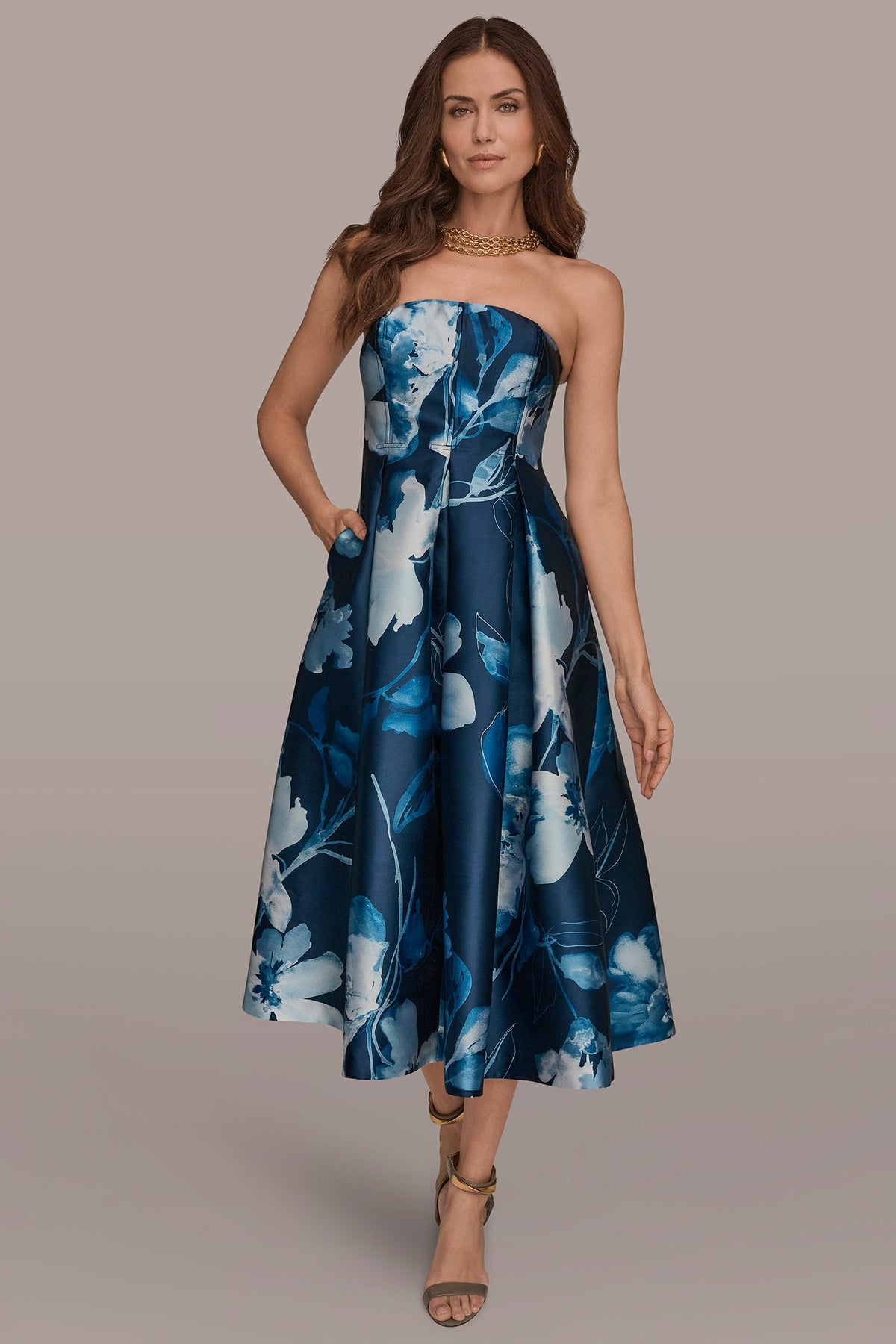 MIKADO STRAPLESS FLORAL MIDI GOWN - Nightfall/Washed Indigo