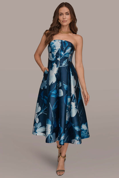 MIKADO STRAPLESS FLORAL MIDI GOWN - Nightfall/Washed Indigo