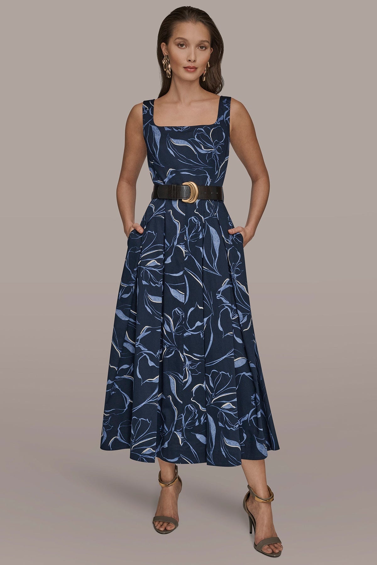 COTTON FLORAL SQUARE-NECK MIDI DRESS - NIGHTFALL MULTI