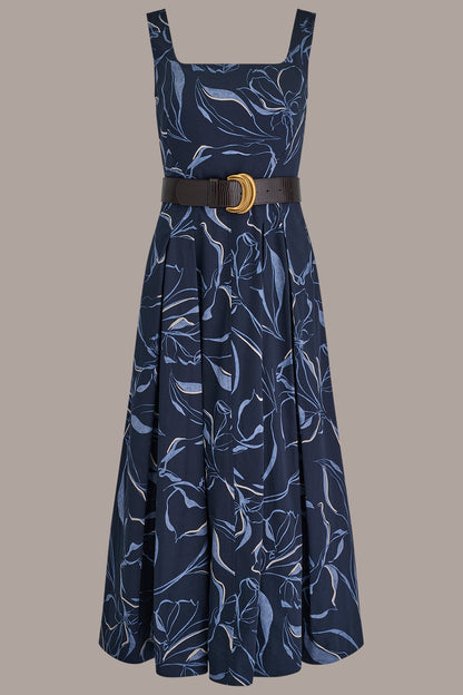 COTTON FLORAL SQUARE-NECK MIDI DRESS - NIGHTFALL MULTI