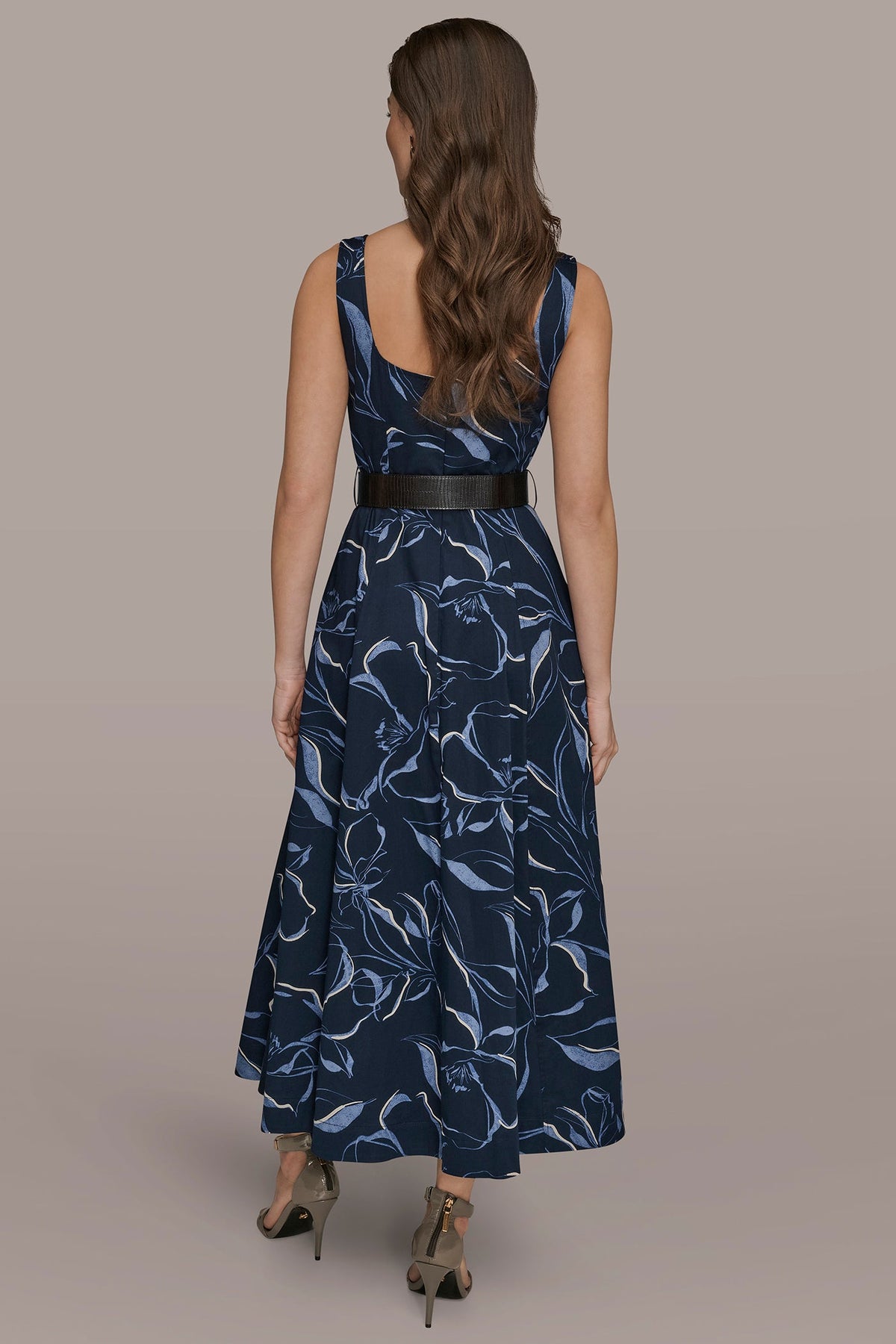 COTTON FLORAL SQUARE-NECK MIDI DRESS - NIGHTFALL MULTI