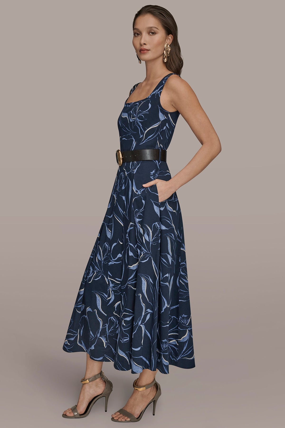 COTTON FLORAL SQUARE-NECK MIDI DRESS - NIGHTFALL MULTI