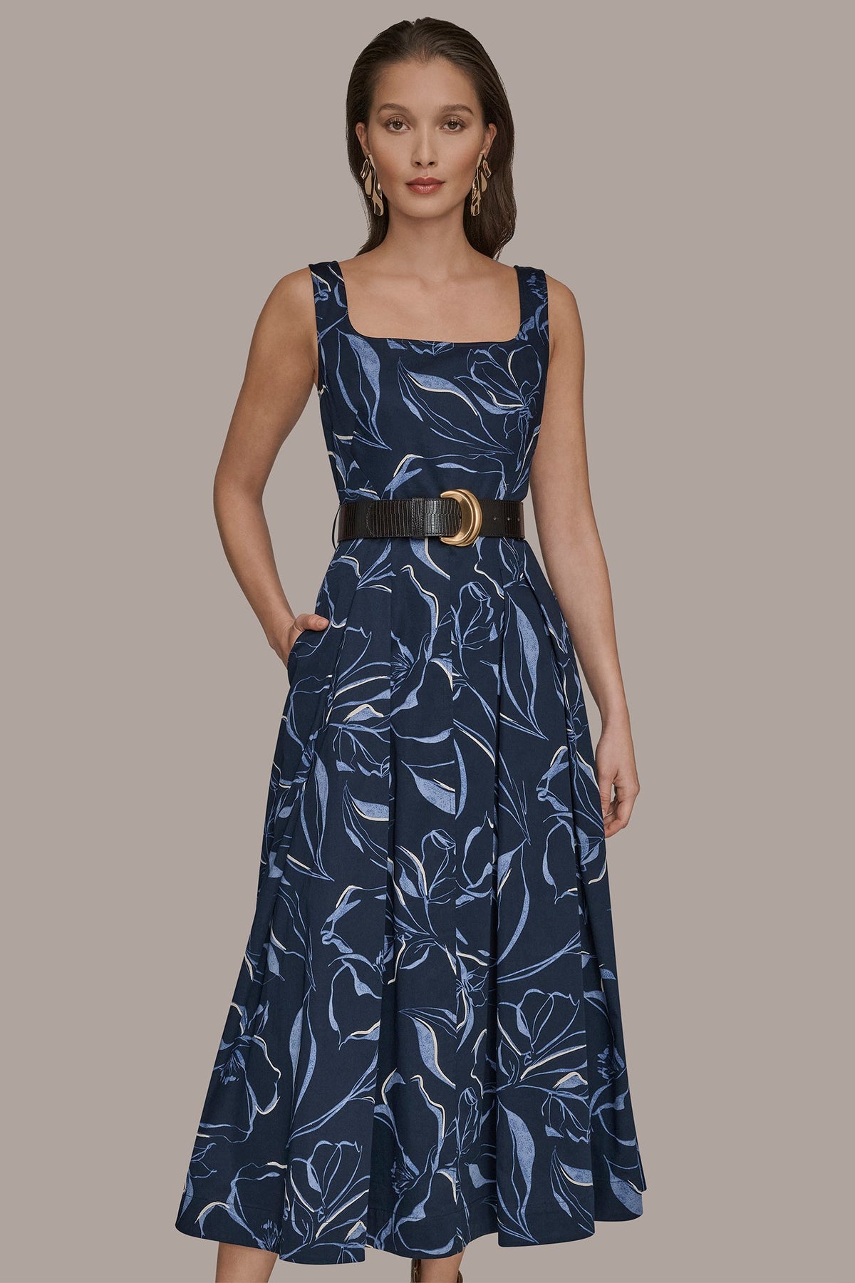 COTTON FLORAL SQUARE-NECK MIDI DRESS - NIGHTFALL MULTI