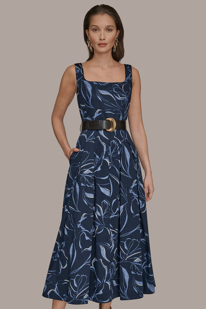 COTTON FLORAL SQUARE-NECK MIDI DRESS - NIGHTFALL MULTI