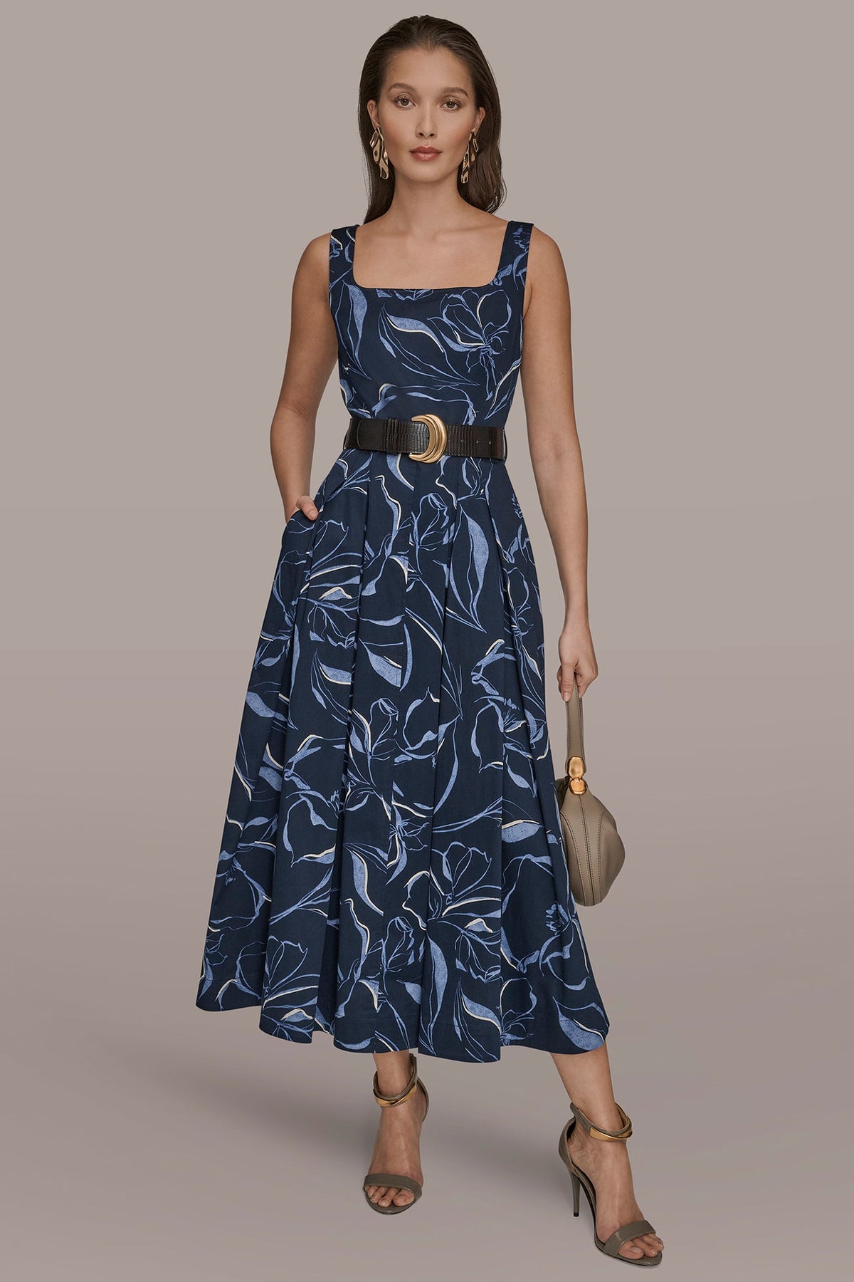 COTTON FLORAL SQUARE-NECK MIDI DRESS - NIGHTFALL MULTI