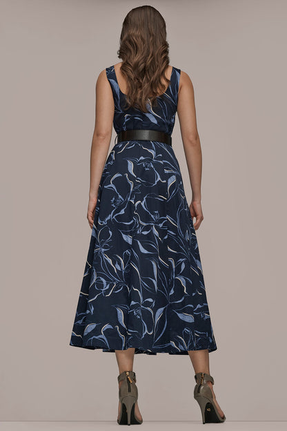 COTTON FLORAL SQUARE-NECK MIDI DRESS - NIGHTFALL MULTI